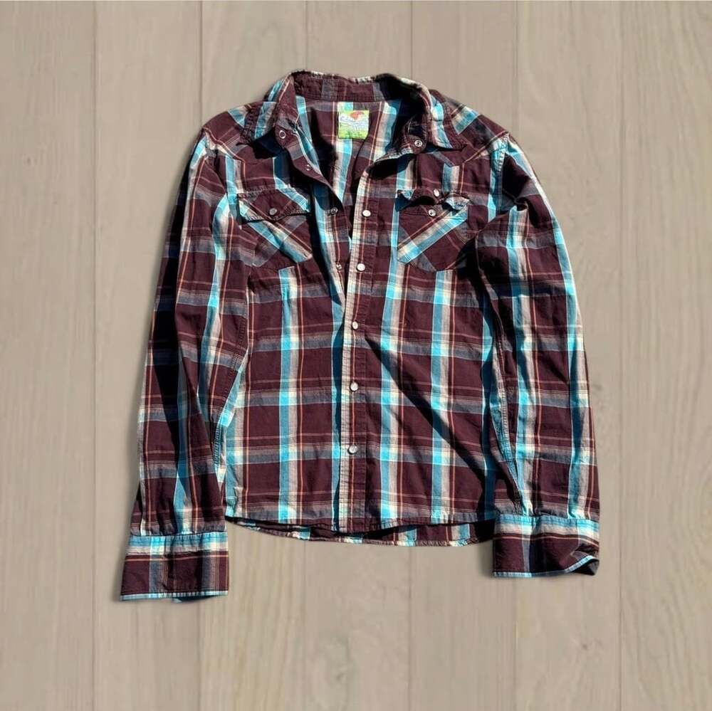 Hollister Vintage Plaid Long Sleeve Pearl Snap Shirt Brown Blue Men's Size Large